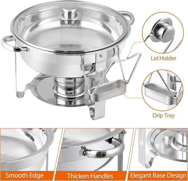 Alt view image 3 of 7 - Chafing Dish Buffet Set 5 QT Stainless Steel Chafing Dishes Round Buffet Food Warmer Chafers Set for Parties Catering Event with Glass Lid, Lid Holder 2 packs