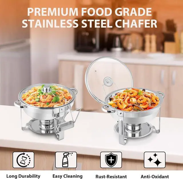 Alt view image 4 of 7 - Chafing Dish Buffet Set 5 QT Stainless Steel Chafing Dishes Round Buffet Food Warmer Chafers Set for Parties Catering Event with Glass Lid, Lid Holder 2 packs