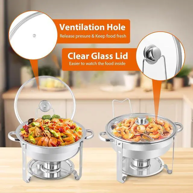 Alt view image 6 of 7 - Chafing Dish Buffet Set 5 QT Stainless Steel Chafing Dishes Round Buffet Food Warmer Chafers Set for Parties Catering Event with Glass Lid, Lid Holder 2 packs