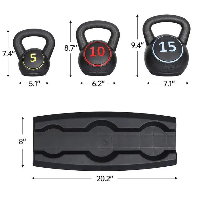 Alt view image 5 of 7 - Kettlebell Set with Storage Rack 5lb, 10lb, 15lb, 20lb Concrete for Home Gym Exercise Weightlifting Strength Core Training Fitness