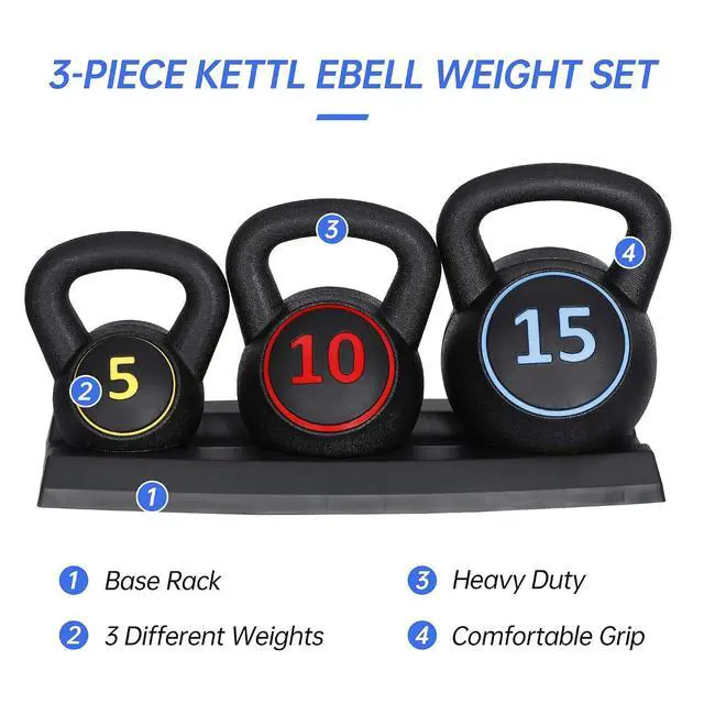 Alt view image 6 of 7 - Kettlebell Set with Storage Rack 5lb, 10lb, 15lb, 20lb Concrete for Home Gym Exercise Weightlifting Strength Core Training Fitness
