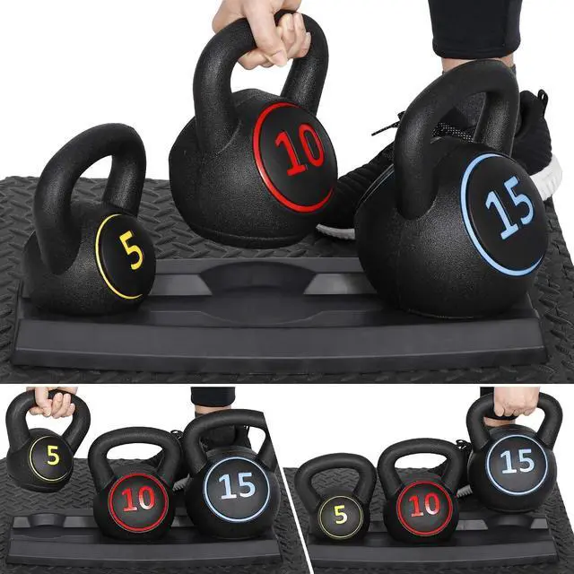 Alt view image 7 of 7 - Kettlebell Set with Storage Rack 5lb, 10lb, 15lb, 20lb Concrete for Home Gym Exercise Weightlifting Strength Core Training Fitness