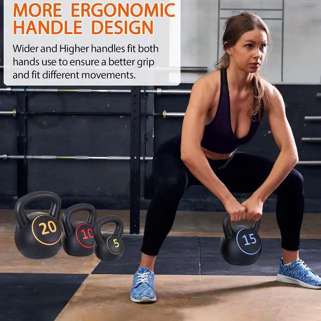 Alt view image 2 of 7 - Kettlebell Set with Storage Rack 5lb, 10lb, 15lb, 20lb Concrete for Home Gym Exercise Weightlifting Strength Core Training Fitness
