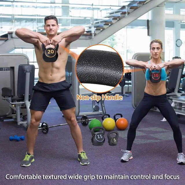 Alt view image 4 of 7 - Kettlebell Set with Storage Rack 5lb, 10lb, 15lb, 20lb Concrete for Home Gym Exercise Weightlifting Strength Core Training Fitness