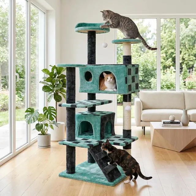 Alt view image 2 of 7 - 54in Cat Tree Tower for Indoor Cats Multi-Level Cat Condo Cat Bed Furniture with Scratching Post Kittens Activity Center (Green)