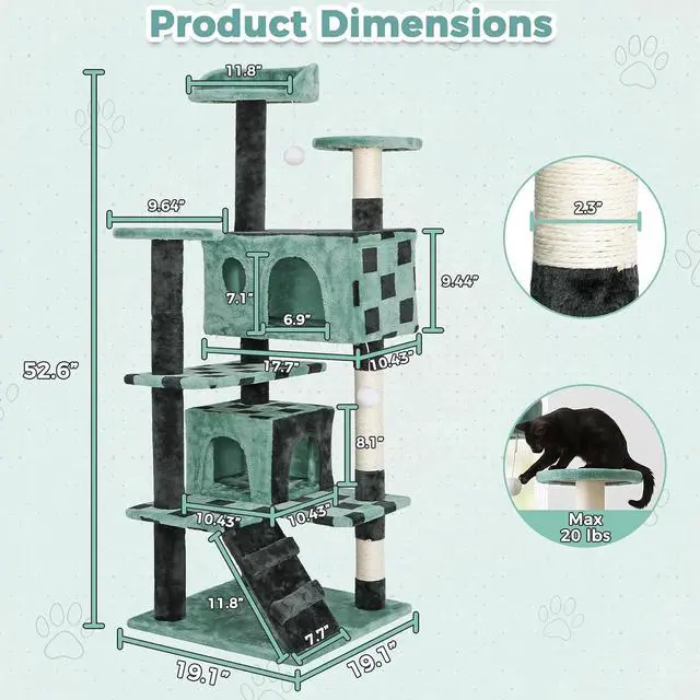 Alt view image 4 of 7 - 54in Cat Tree Tower for Indoor Cats Multi-Level Cat Condo Cat Bed Furniture with Scratching Post Kittens Activity Center (Green)