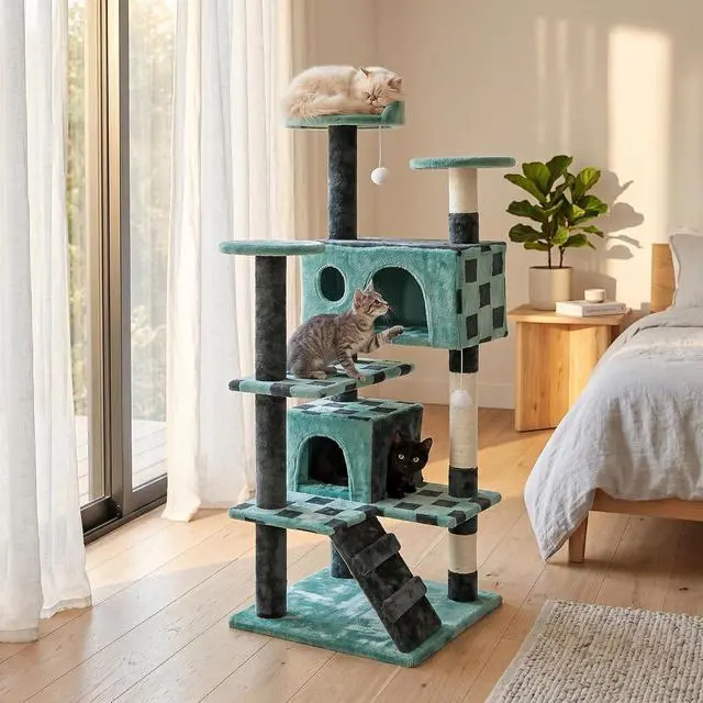 Alt view image 6 of 7 - 54in Cat Tree Tower for Indoor Cats Multi-Level Cat Condo Cat Bed Furniture with Scratching Post Kittens Activity Center (Green)