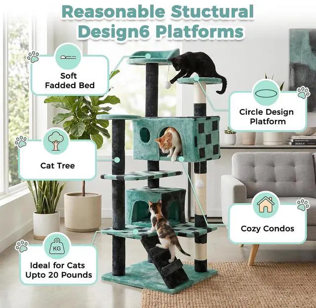 Alt view image 7 of 7 - 54in Cat Tree Tower for Indoor Cats Multi-Level Cat Condo Cat Bed Furniture with Scratching Post Kittens Activity Center (Green)