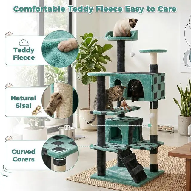Alt view image 5 of 7 - 54in Cat Tree Tower for Indoor Cats Multi-Level Cat Condo Cat Bed Furniture with Scratching Post Kittens Activity Center (Green)