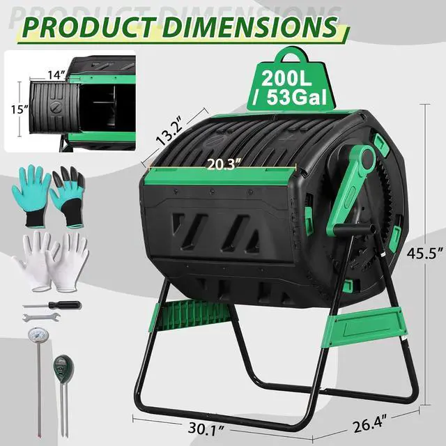 Alt view image 3 of 7 - 53 Gal Dual Chamber Compost Tumbler Outdoor - BPA-Free Rotating Composter with 8 Adjustable Vents, 2 Sliding Doors & Metal Frame - Fast Composting Bin for Kitchen Scraps, Garden & Yard Waste