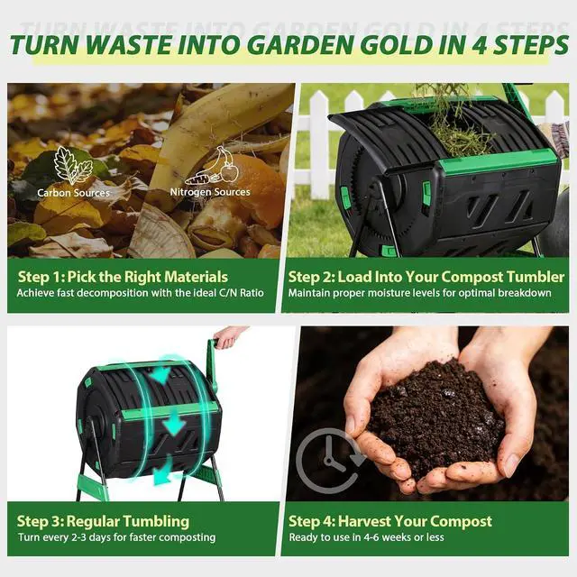 Alt view image 7 of 7 - 53 Gal Dual Chamber Compost Tumbler Outdoor - BPA-Free Rotating Composter with 8 Adjustable Vents, 2 Sliding Doors & Metal Frame - Fast Composting Bin for Kitchen Scraps, Garden & Yard Waste