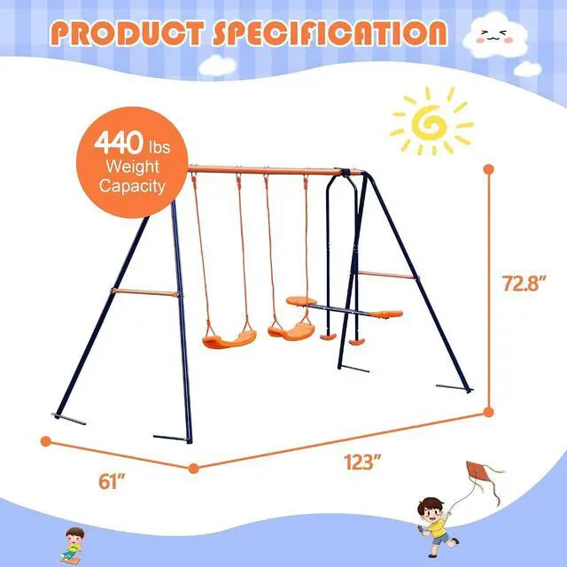 Alt view image 3 of 7 - Metal Swing Sets for Backyard, 440lbs Load Capacity Swing Stand with 2 Seats and 1 Glider, Heavy Duty A-Frame Outdoor Swing Set for Kids