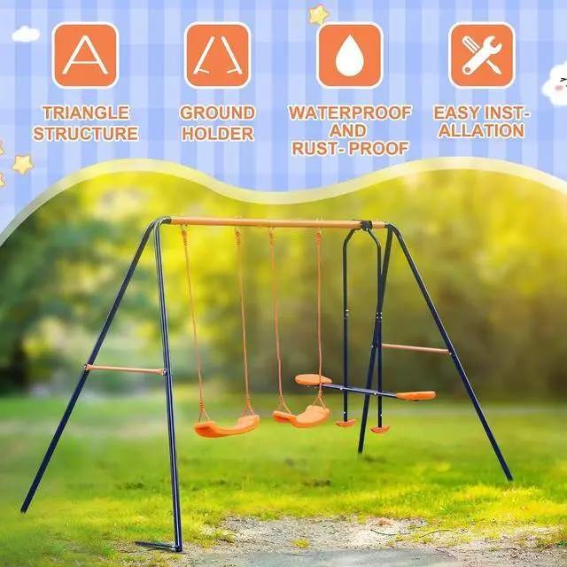 Alt view image 5 of 7 - Metal Swing Sets for Backyard, 440lbs Load Capacity Swing Stand with 2 Seats and 1 Glider, Heavy Duty A-Frame Outdoor Swing Set for Kids