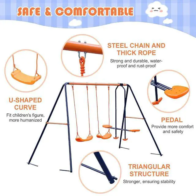 Alt view image 6 of 7 - Metal Swing Sets for Backyard, 440lbs Load Capacity Swing Stand with 2 Seats and 1 Glider, Heavy Duty A-Frame Outdoor Swing Set for Kids