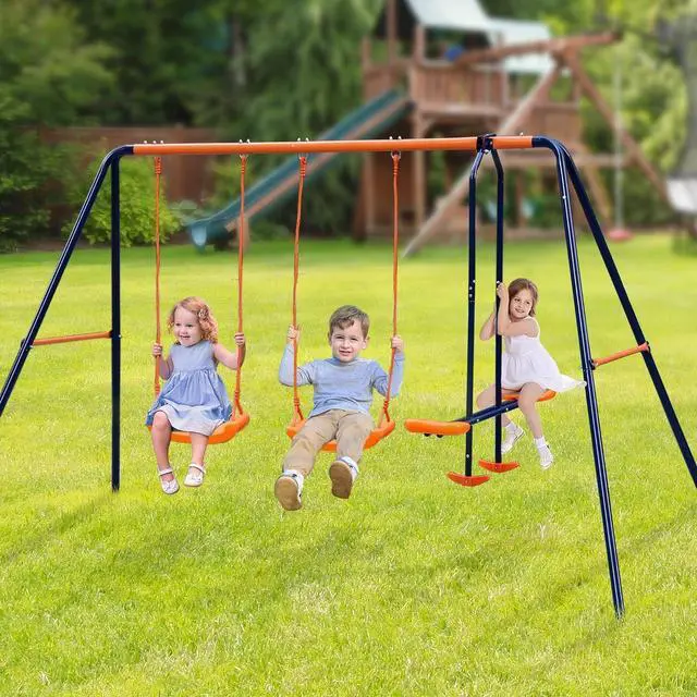 Alt view image 7 of 7 - Metal Swing Sets for Backyard, 440lbs Load Capacity Swing Stand with 2 Seats and 1 Glider, Heavy Duty A-Frame Outdoor Swing Set for Kids
