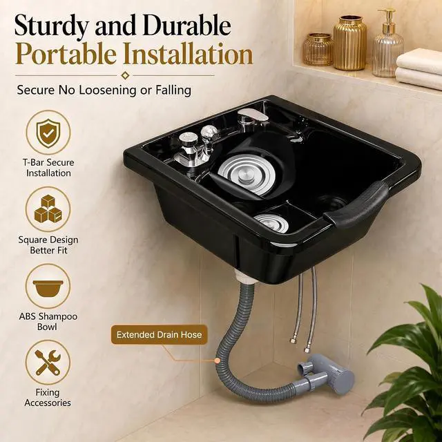Alt view image 6 of 7 - Salon Shampoo Basin, Black Plastic Shampoo Bowl Sink for Salons, Barber Stores and Home Use, Hair Washing Sink, Easy Clean & Install Hair Backwash Basin for Hair Stylists