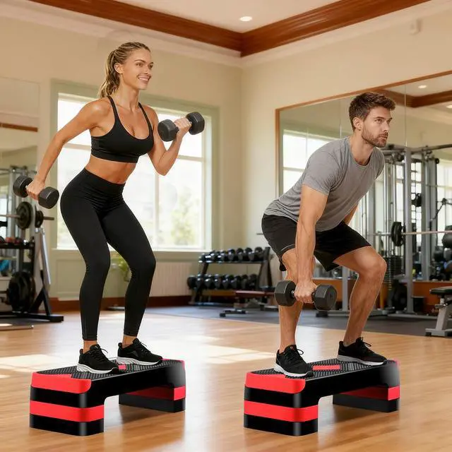 Alt view image 6 of 7 - Non-Slip 27 Inch Aerobic Exercise Step Platform 4"-6"-8" Height Adjustable Risers for Home Gym Cardio Training Fitness Workout Stepper Trainer