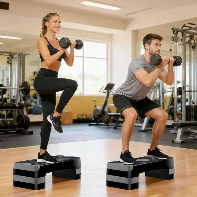 Alt view image 2 of 7 - Non-Slip 27 Inch Aerobic Exercise Step Platform 4"-6"-8" Height Adjustable Risers for Home Gym Cardio Training Fitness Workout Stepper Trainer