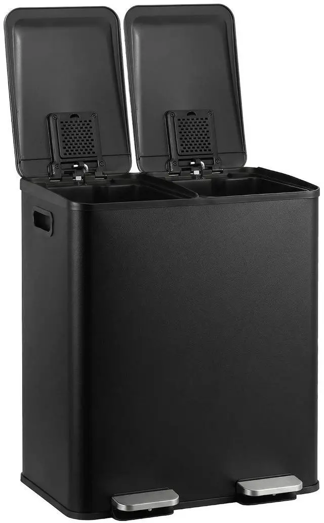 Main image of Kitchen Trash Can 50L (13.2 Gallon) Dual Compartment Stainless Steel Recycling Bin with Foot Pedal, Soft Close Odor Proof Lid, Removable Inner Buckets for Kitchen Office Living Room, Black