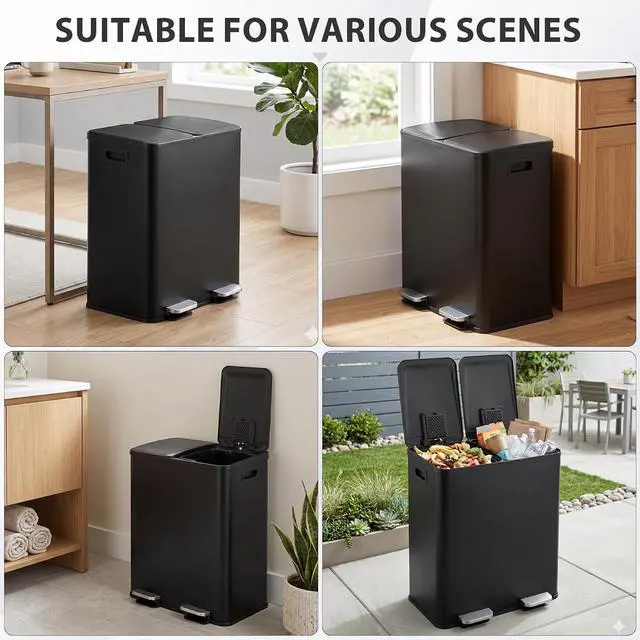 Alt view image 2 of 7 - Kitchen Trash Can 50L (13.2 Gallon) Dual Compartment Stainless Steel Recycling Bin with Foot Pedal, Soft Close Odor Proof Lid, Removable Inner Buckets for Kitchen Office Living Room, Black