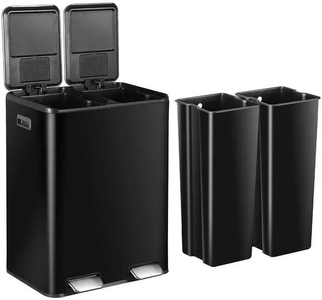 Main image of Kitchen Trash Can, 60L 16 Gallon Dual Stainless Steel Recycling Garbage Can with Foot Pedal, Soft Close Odor-Proof Lid, Removable Inner Buckets for Kitchen, Living Room, Office, Black