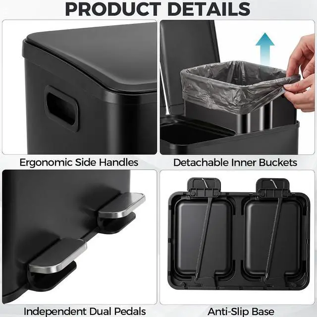 Alt view image 4 of 7 - Kitchen Trash Can 50L (13.2 Gallon) Dual Compartment Stainless Steel Recycling Bin with Foot Pedal, Soft Close Odor Proof Lid, Removable Inner Buckets for Kitchen Office Living Room, Black