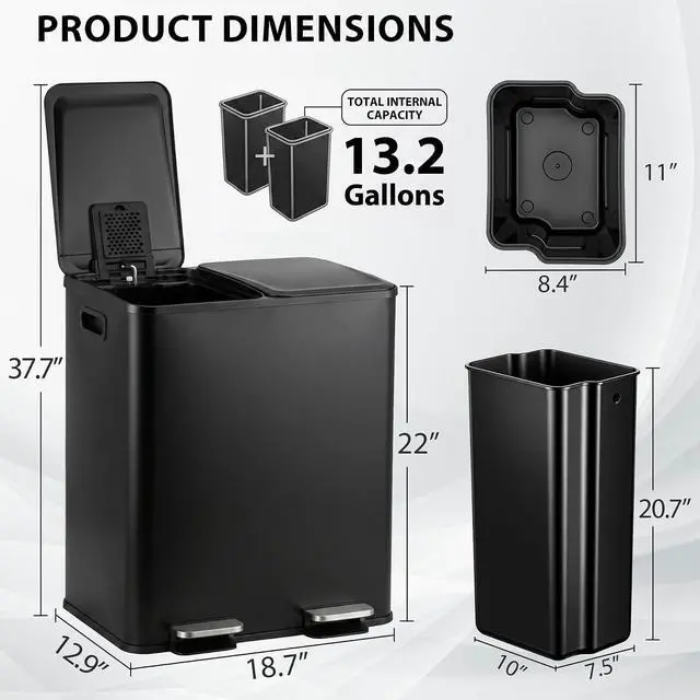 Alt view image 5 of 7 - Kitchen Trash Can 50L (13.2 Gallon) Dual Compartment Stainless Steel Recycling Bin with Foot Pedal, Soft Close Odor Proof Lid, Removable Inner Buckets for Kitchen Office Living Room, Black