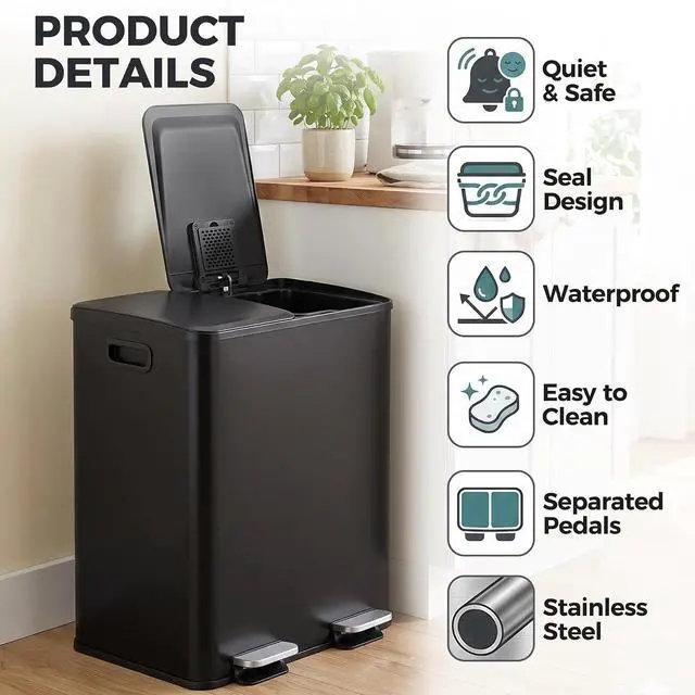 Alt view image 7 of 7 - Kitchen Trash Can 50L (13.2 Gallon) Dual Compartment Stainless Steel Recycling Bin with Foot Pedal, Soft Close Odor Proof Lid, Removable Inner Buckets for Kitchen Office Living Room, Black