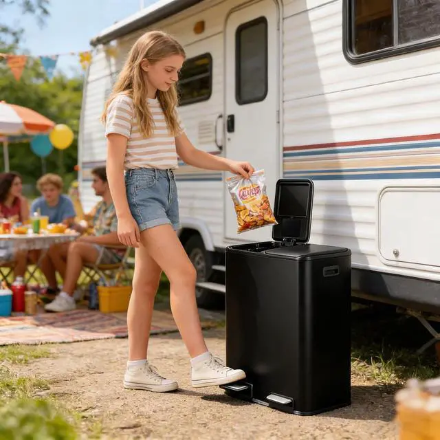 Alt view image 2 of 7 - Kitchen Trash Can, 60L 16 Gallon Dual Stainless Steel Recycling Garbage Can with Foot Pedal, Soft Close Odor-Proof Lid, Removable Inner Buckets for Kitchen, Living Room, Office, Black