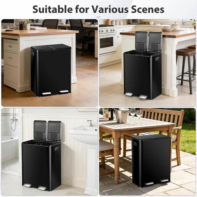 Alt view image 3 of 7 - Kitchen Trash Can, 60L 16 Gallon Dual Stainless Steel Recycling Garbage Can with Foot Pedal, Soft Close Odor-Proof Lid, Removable Inner Buckets for Kitchen, Living Room, Office, Black