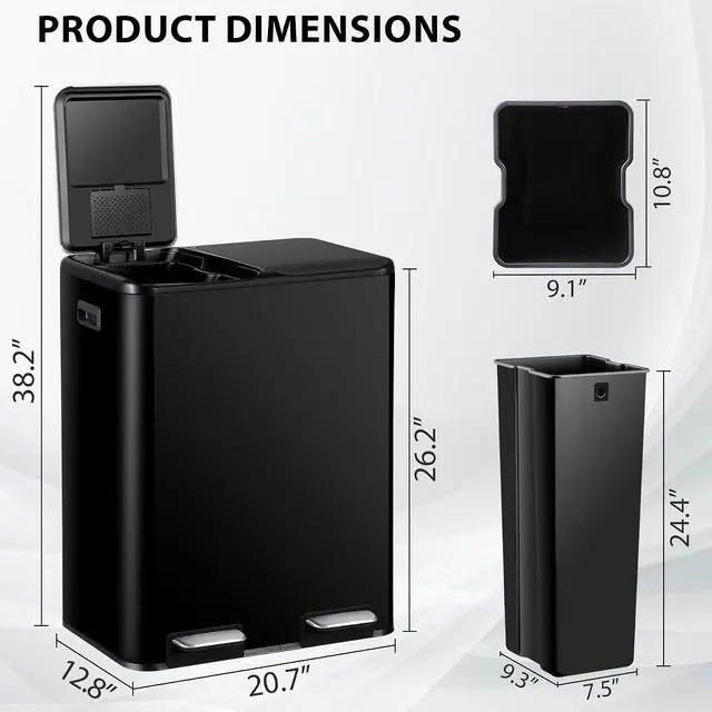 Alt view image 4 of 7 - Kitchen Trash Can, 60L 16 Gallon Dual Stainless Steel Recycling Garbage Can with Foot Pedal, Soft Close Odor-Proof Lid, Removable Inner Buckets for Kitchen, Living Room, Office, Black