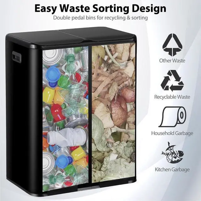 Alt view image 5 of 7 - Kitchen Trash Can, 60L 16 Gallon Dual Stainless Steel Recycling Garbage Can with Foot Pedal, Soft Close Odor-Proof Lid, Removable Inner Buckets for Kitchen, Living Room, Office, Black