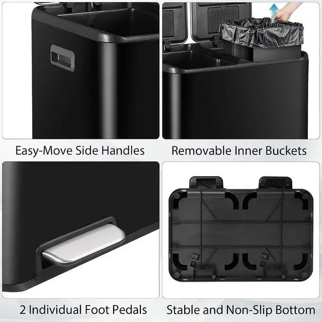 Alt view image 6 of 7 - Kitchen Trash Can, 60L 16 Gallon Dual Stainless Steel Recycling Garbage Can with Foot Pedal, Soft Close Odor-Proof Lid, Removable Inner Buckets for Kitchen, Living Room, Office, Black