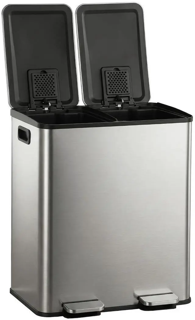 Main image of Kitchen Trash Can 50L (13.2 Gallon) Dual Compartment Stainless Steel Recycling Bin with Foot Pedal, Soft Close Odor Proof Lid, Removable Inner Buckets for Kitchen Office Living Room, Silver