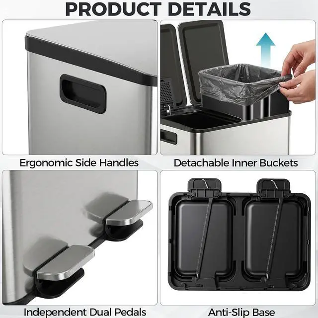 Alt view image 2 of 7 - Kitchen Trash Can 50L (13.2 Gallon) Dual Compartment Stainless Steel Recycling Bin with Foot Pedal, Soft Close Odor Proof Lid, Removable Inner Buckets for Kitchen Office Living Room, Silver