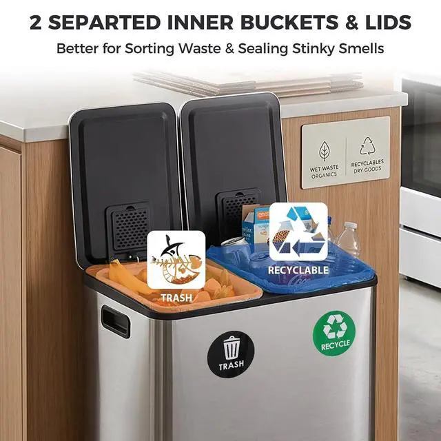 Alt view image 6 of 7 - Kitchen Trash Can 50L (13.2 Gallon) Dual Compartment Stainless Steel Recycling Bin with Foot Pedal, Soft Close Odor Proof Lid, Removable Inner Buckets for Kitchen Office Living Room, Silver