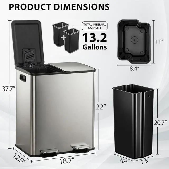 Alt view image 5 of 7 - Kitchen Trash Can 50L (13.2 Gallon) Dual Compartment Stainless Steel Recycling Bin with Foot Pedal, Soft Close Odor Proof Lid, Removable Inner Buckets for Kitchen Office Living Room, Silver