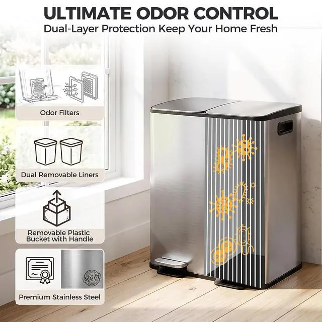 Alt view image 3 of 7 - Kitchen Trash Can 50L (13.2 Gallon) Dual Compartment Stainless Steel Recycling Bin with Foot Pedal, Soft Close Odor Proof Lid, Removable Inner Buckets for Kitchen Office Living Room, Silver