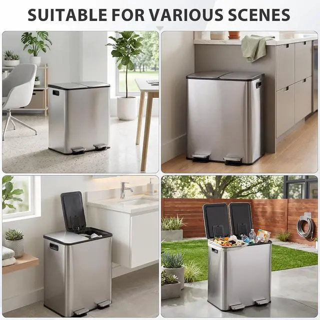 Alt view image 4 of 7 - Kitchen Trash Can 50L (13.2 Gallon) Dual Compartment Stainless Steel Recycling Bin with Foot Pedal, Soft Close Odor Proof Lid, Removable Inner Buckets for Kitchen Office Living Room, Silver