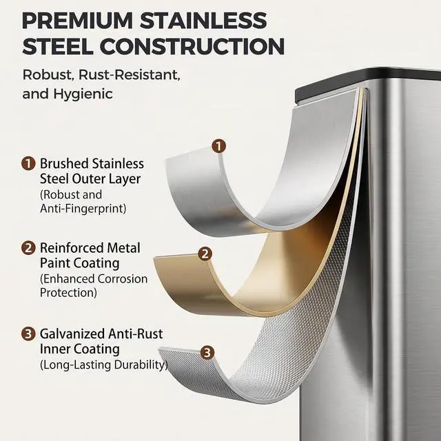 Alt view image 7 of 7 - Kitchen Trash Can 50L (13.2 Gallon) Dual Compartment Stainless Steel Recycling Bin with Foot Pedal, Soft Close Odor Proof Lid, Removable Inner Buckets for Kitchen Office Living Room, Silver