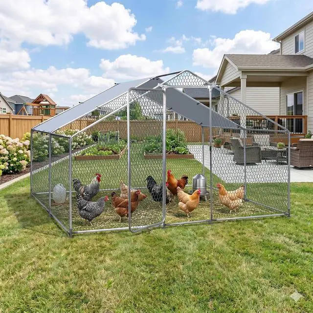 Main image of Large Metal Chicken Coop, Wire Mesh Chicken Run House, Poultry Cage with Waterproof Cover for Hen Duck Rabbits Habitat, Walk-in Chicken Pens