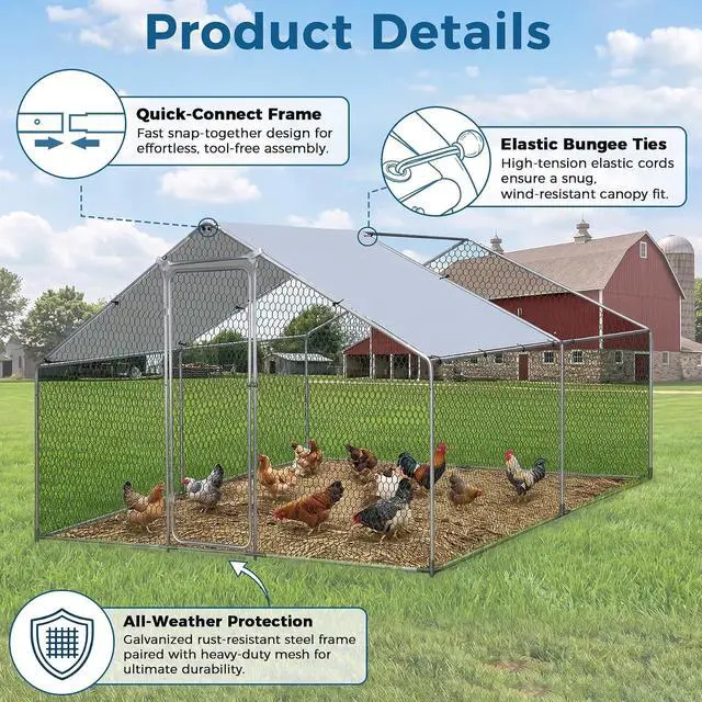 Alt view image 2 of 7 - Large Metal Chicken Coop, Wire Mesh Chicken Run House, Poultry Cage with Waterproof Cover for Hen Duck Rabbits Habitat, Walk-in Chicken Pens