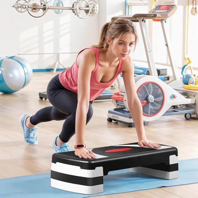 Alt view image 2 of 7 - Non-Slip 31 Inch Aerobic Exercise Step Platform 4"-6"-8" Height Adjustable Risers for Home Gym Cardio Training Fitness Workout Stepper Trainer