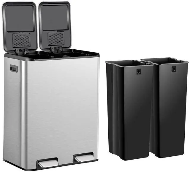 Main image of Kitchen Trash Can, 60L 16 Gallon Dual Stainless Steel Recycling Garbage Can with Foot Pedal, Soft Close Odor-Proof Lid, Removable Inner Buckets for Kitchen, Living Room, Office, Silver