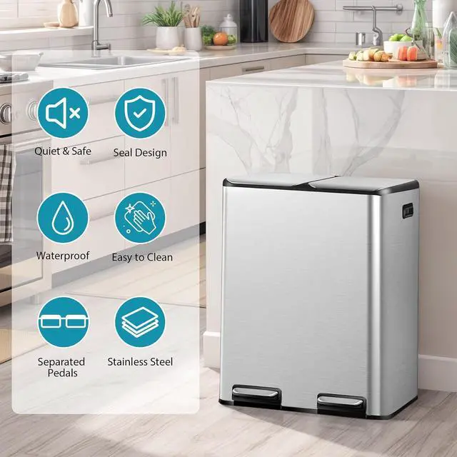 Alt view image 3 of 7 - Kitchen Trash Can, 60L 16 Gallon Dual Stainless Steel Recycling Garbage Can with Foot Pedal, Soft Close Odor-Proof Lid, Removable Inner Buckets for Kitchen, Living Room, Office, Silver