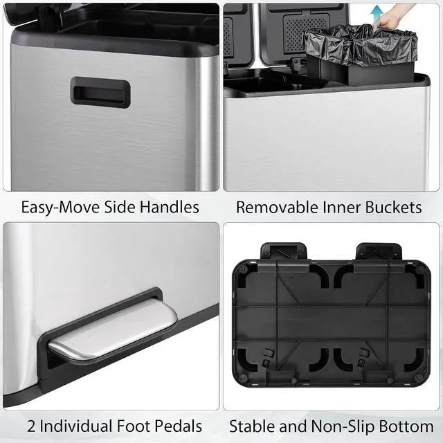 Alt view image 4 of 7 - Kitchen Trash Can, 60L 16 Gallon Dual Stainless Steel Recycling Garbage Can with Foot Pedal, Soft Close Odor-Proof Lid, Removable Inner Buckets for Kitchen, Living Room, Office, Silver