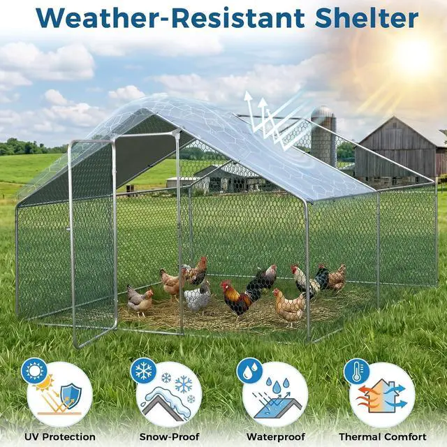 Alt view image 5 of 7 - Large Metal Chicken Coop, Wire Mesh Chicken Run House, Poultry Cage with Waterproof Cover for Hen Duck Rabbits Habitat, Walk-in Chicken Pens