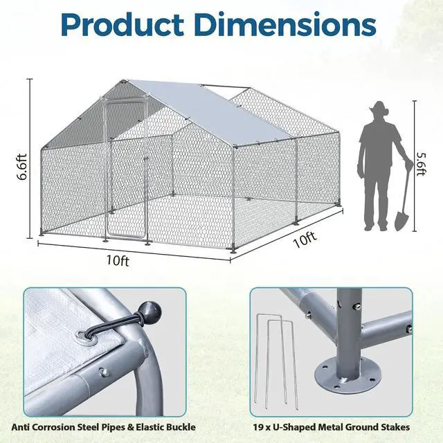 Alt view image 7 of 7 - Large Metal Chicken Coop, Wire Mesh Chicken Run House, Poultry Cage with Waterproof Cover for Hen Duck Rabbits Habitat, Walk-in Chicken Pens