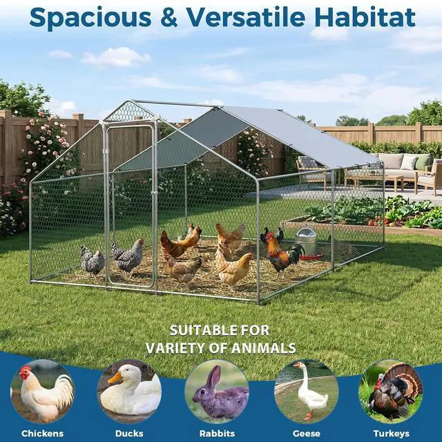 Alt view image 6 of 7 - Large Metal Chicken Coop, Wire Mesh Chicken Run House, Poultry Cage with Waterproof Cover for Hen Duck Rabbits Habitat, Walk-in Chicken Pens