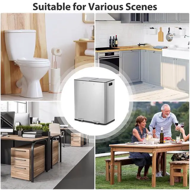 Alt view image 2 of 7 - Kitchen Trash Can, 60L 16 Gallon Dual Stainless Steel Recycling Garbage Can with Foot Pedal, Soft Close Odor-Proof Lid, Removable Inner Buckets for Kitchen, Living Room, Office, Silver